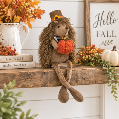 A plush stuffed hedgehog decoration sits on a rustic wooden shelf in a fall-themed setting. The hedgehog has shaggy brown fur, wears a small brown top hat with a yellow sunflower and black bow tie, and holds an orange pumpkin.