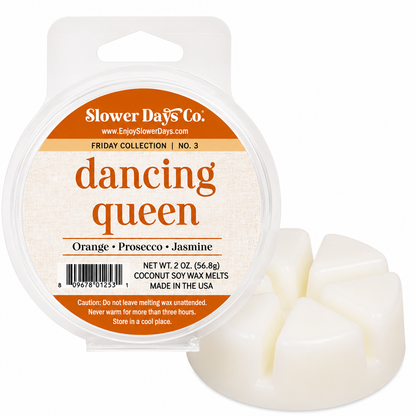Slower Days Co. 'Dancing Queen' coconut soy wax melts in a round clear plastic tub with a white lid, shown next to two white wax melts on a white background.