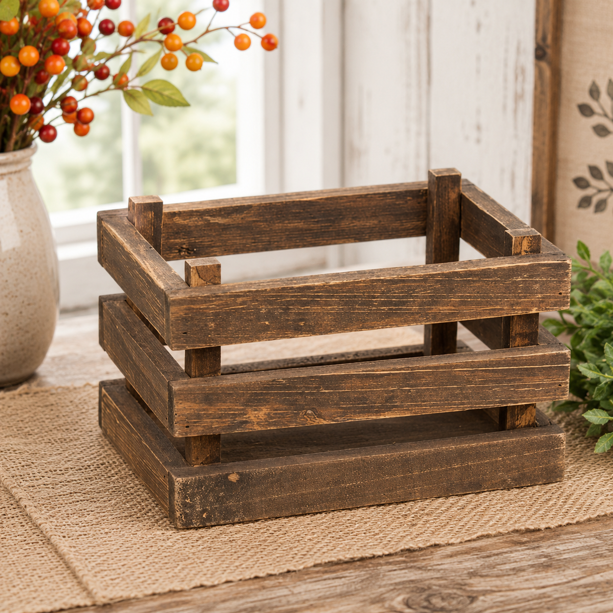 A rustic dark brown wooden crate with a slatted design, styled on a burlap runner in a home decor setting.
