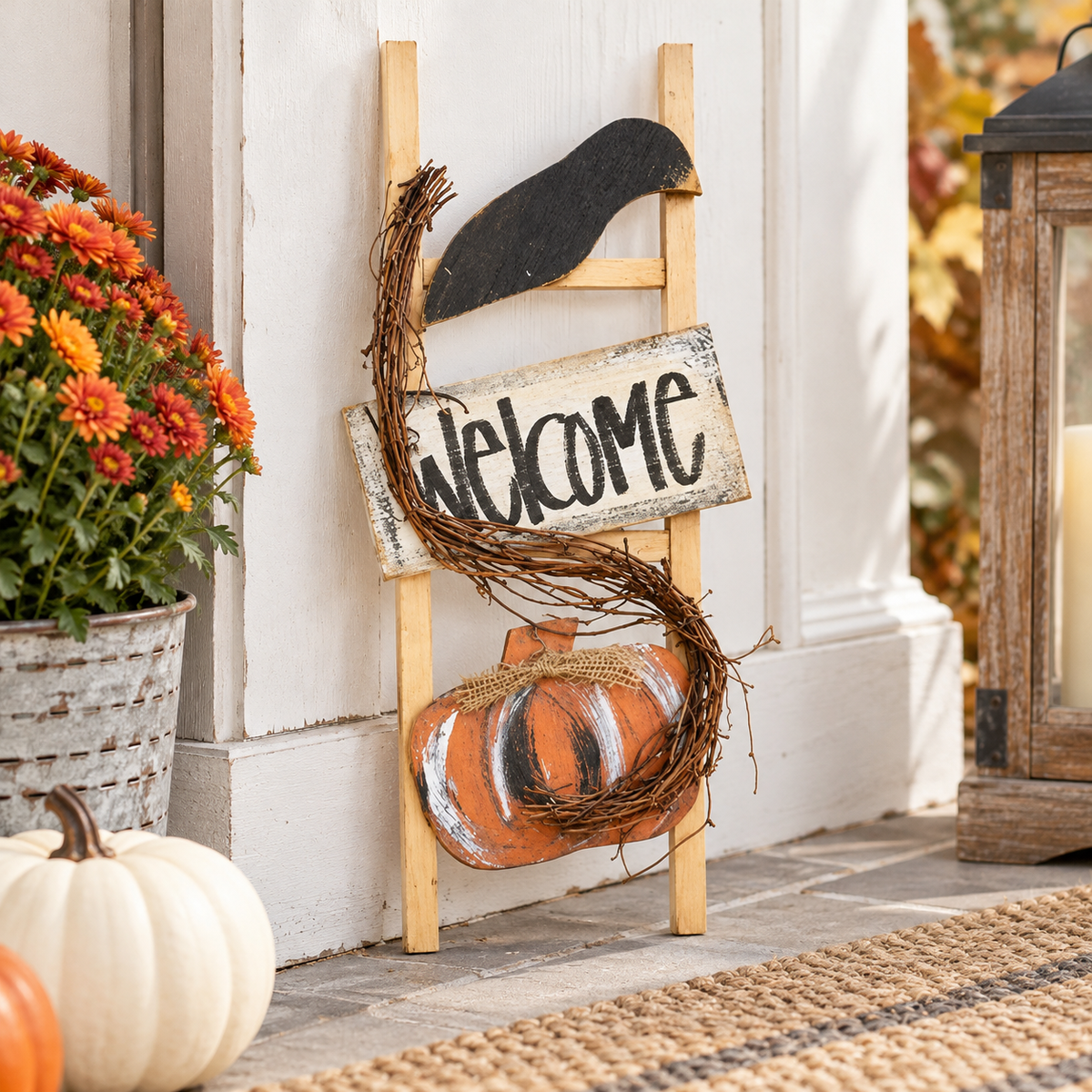 A rustic autumn welcome sign displayed on a wooden ladder stand on a front porch. The sign features a distressed white wood panel with 'Welcome' in black script, a black leaf at the top, and an orange and white striped pumpkin wrapped in brown grapevine.