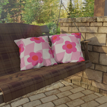 Vibrant floral accent pillow crafted for patio gatherings and picnics