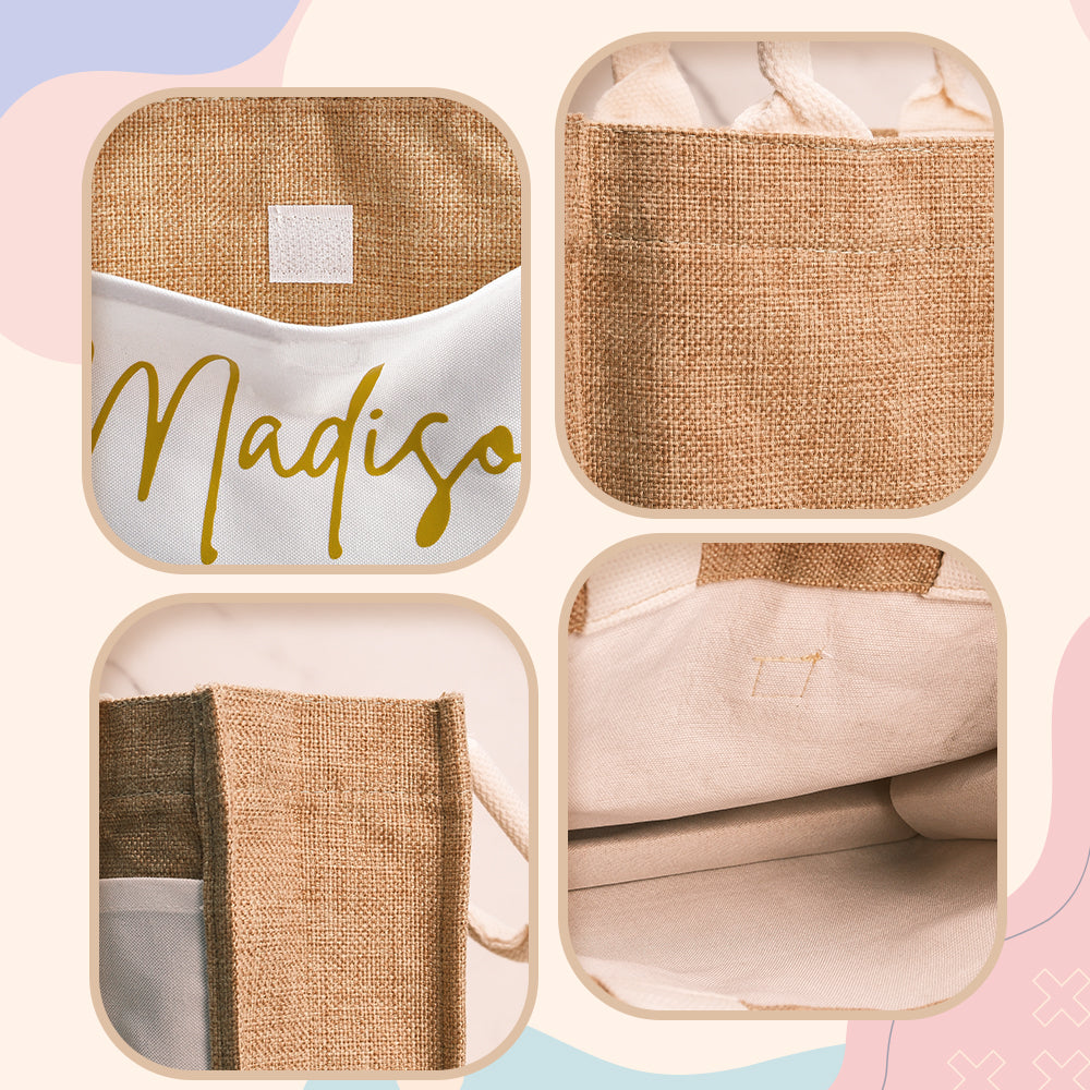 A close-up photo showcasing key features of the personalized jute tote bag, including the textured fabric, sturdy stitching, and secure closure for durability and functionality.