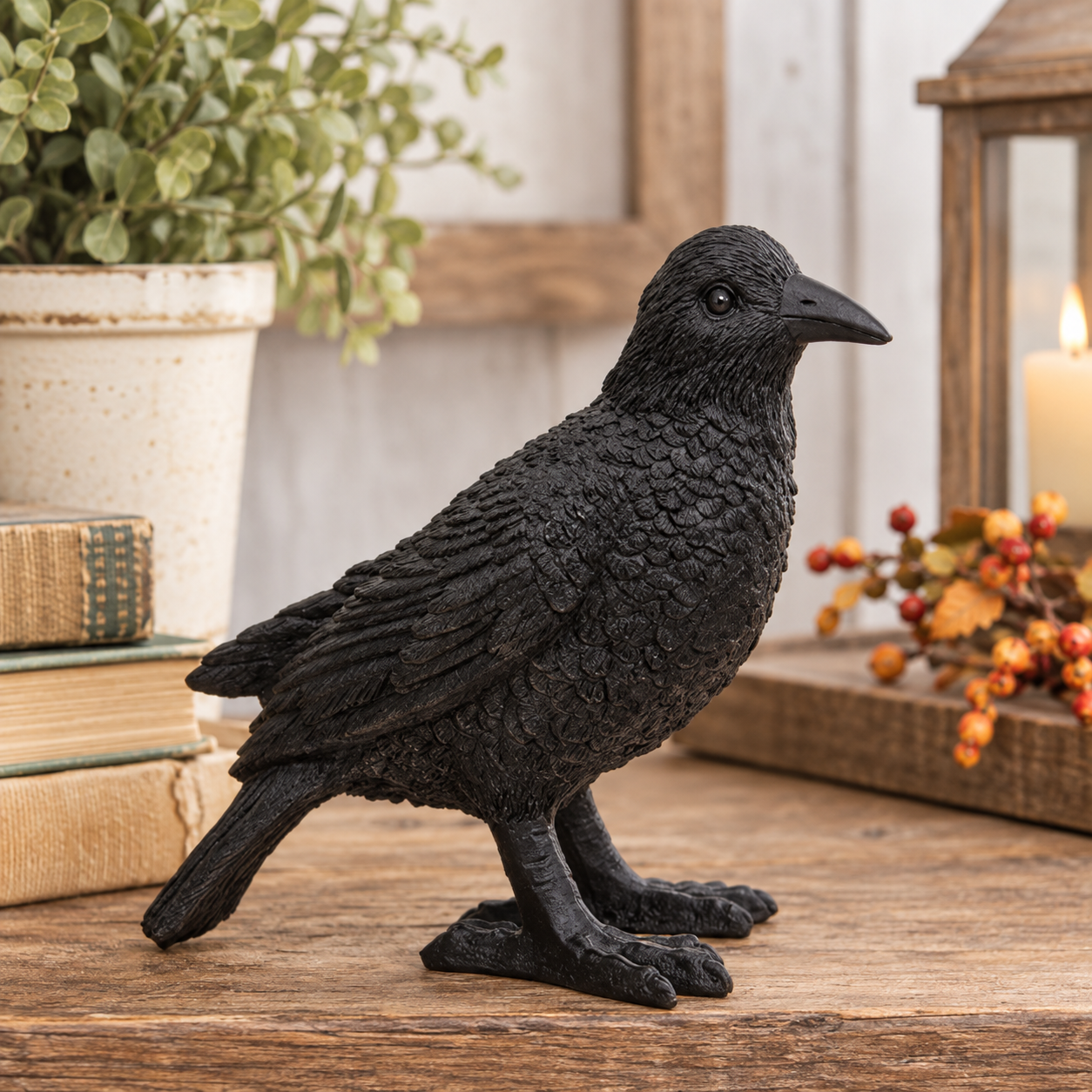 A black crow figurine with highly detailed textured feathers, standing on a rustic wooden surface with a potted plant and books in the background.