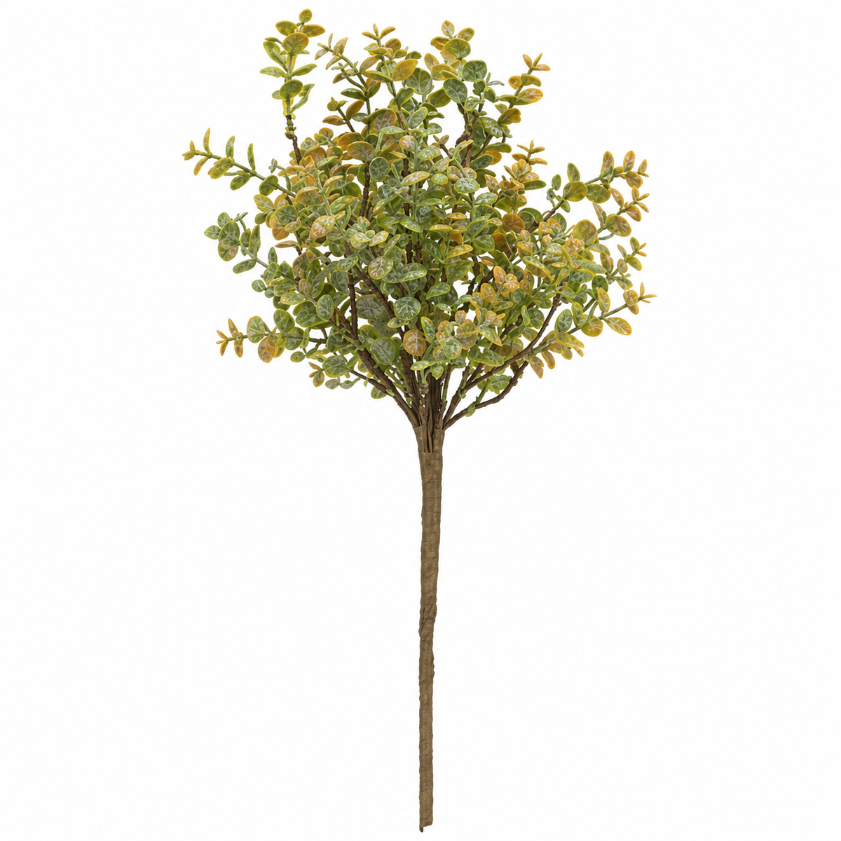 An artificial variegated green and yellow leafy tree branch with a brown trunk, isolated on a white background.