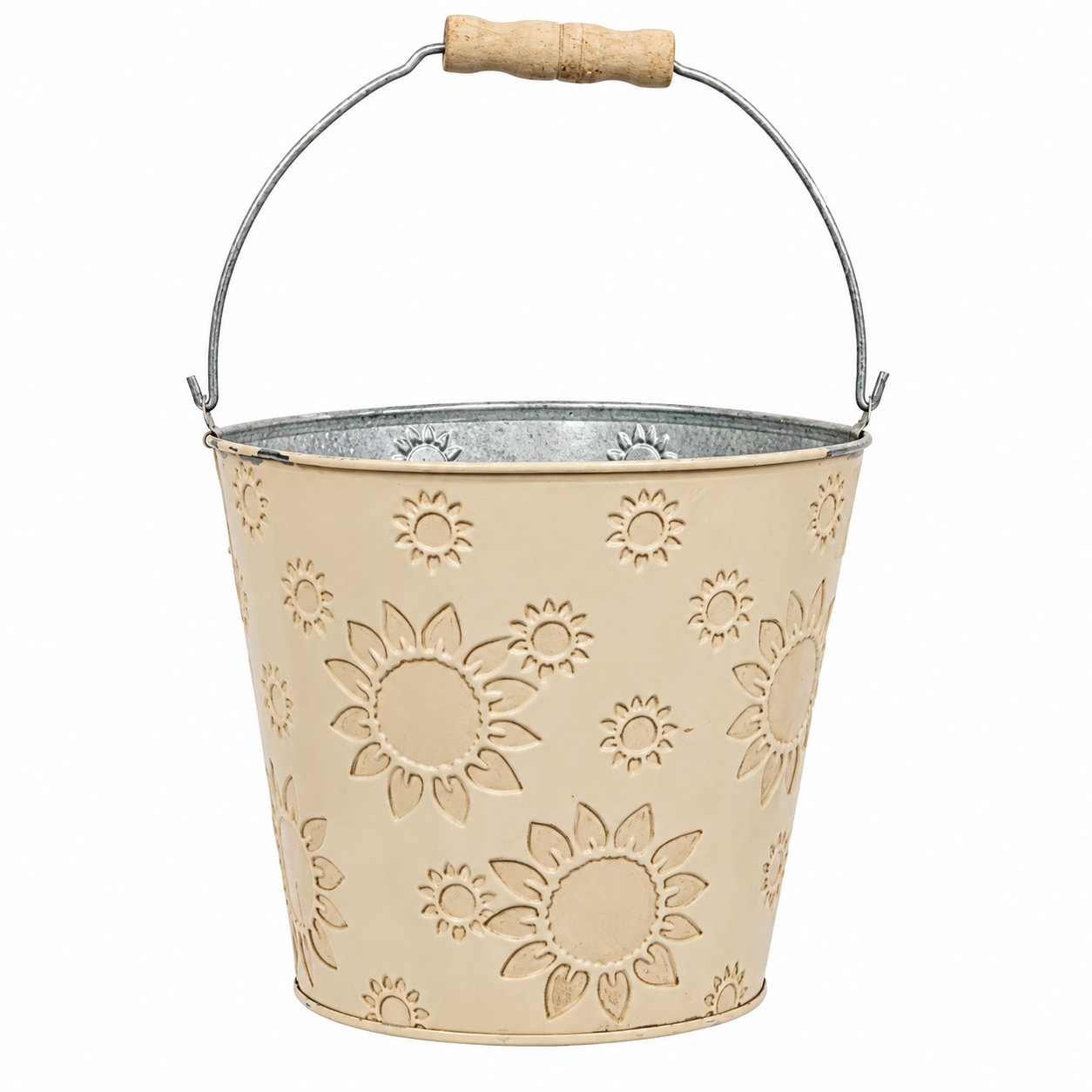 A galvanized metal garden bucket with a beige sunflower pattern, featuring a curved silver wire handle with a light wood grip.
