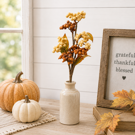 Autumn floral arrangement in a small beige ceramic vase, styled on a wooden table with pumpkins, a framed sign, and fall leaves.
