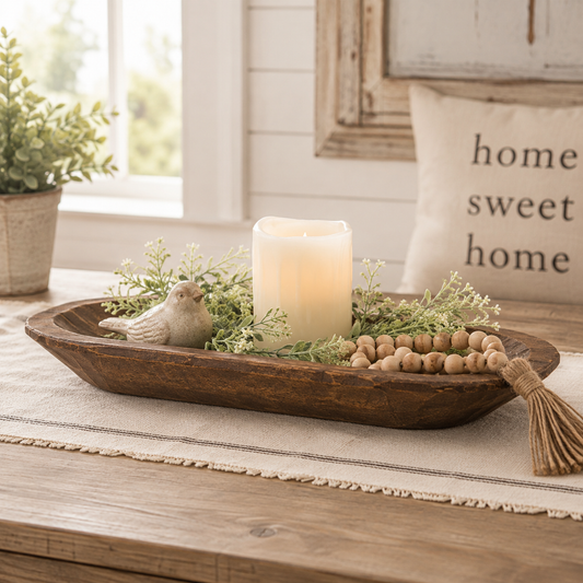 A rustic wooden bowl centerpiece on a table runner, featuring a lit white pillar candle, greenery, a small bird figurine, and wooden beads, with a cozy home decor background.