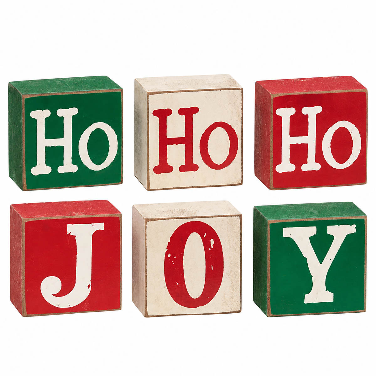 Six rustic wooden decorative blocks arranged in two rows on a white background. The top row spells "Ho Ho Ho" in white letters on green, cream, and red blocks, and the bottom row spells "JOY" in red and white letters on green and cream blocks.