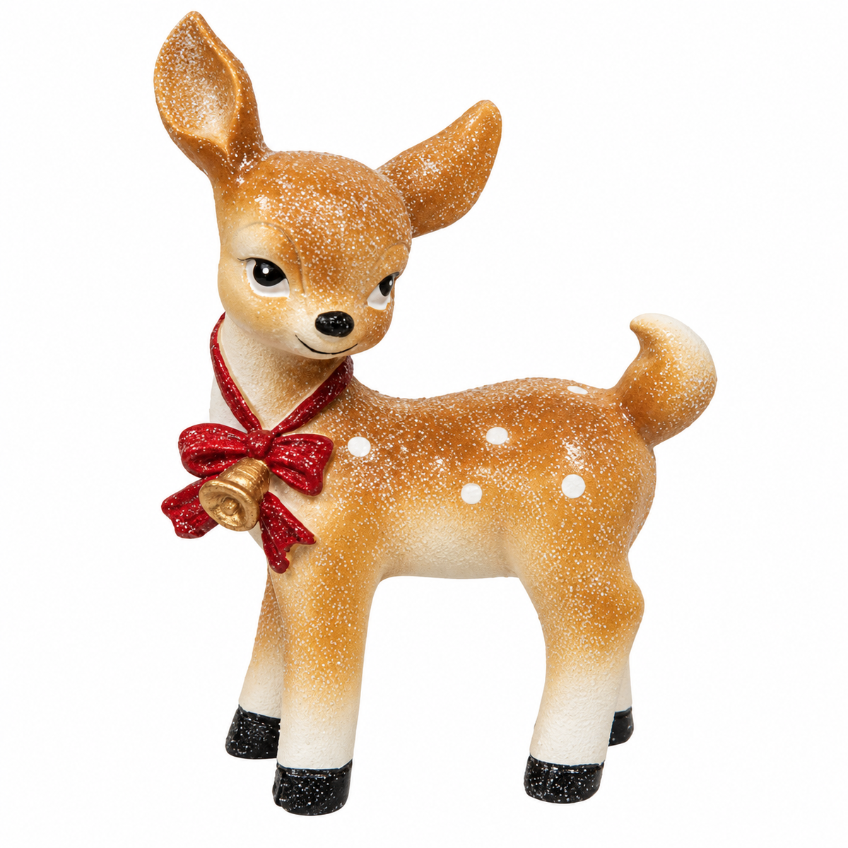 A decorative fawn figurine with a white speckled winter finish, featuring a red glittery bow and bell around its neck, set against a plain white background.