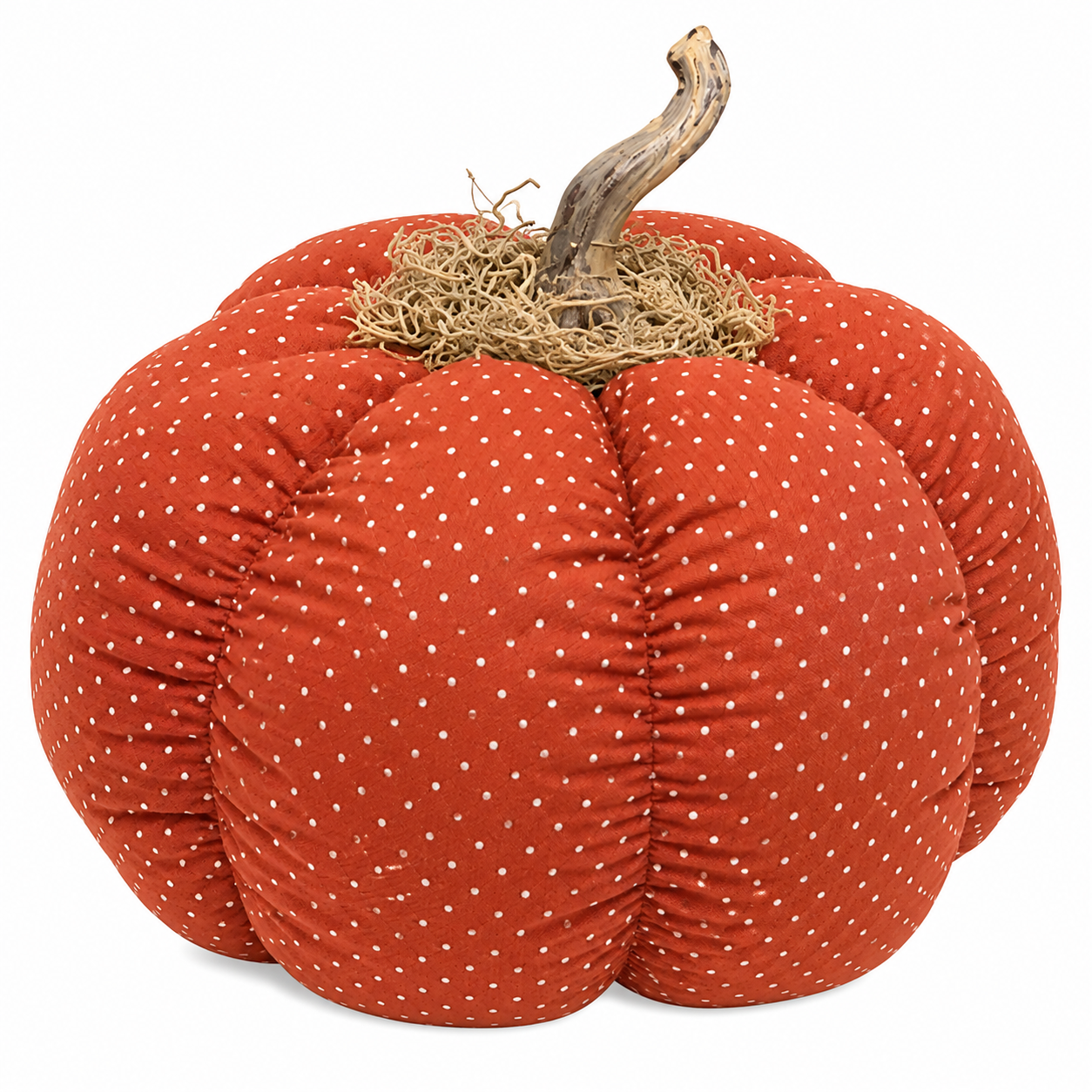 A decorative fabric pumpkin with a rust-orange color, covered in small white polka dots, featuring a textured straw-colored stem on a plain white background.
