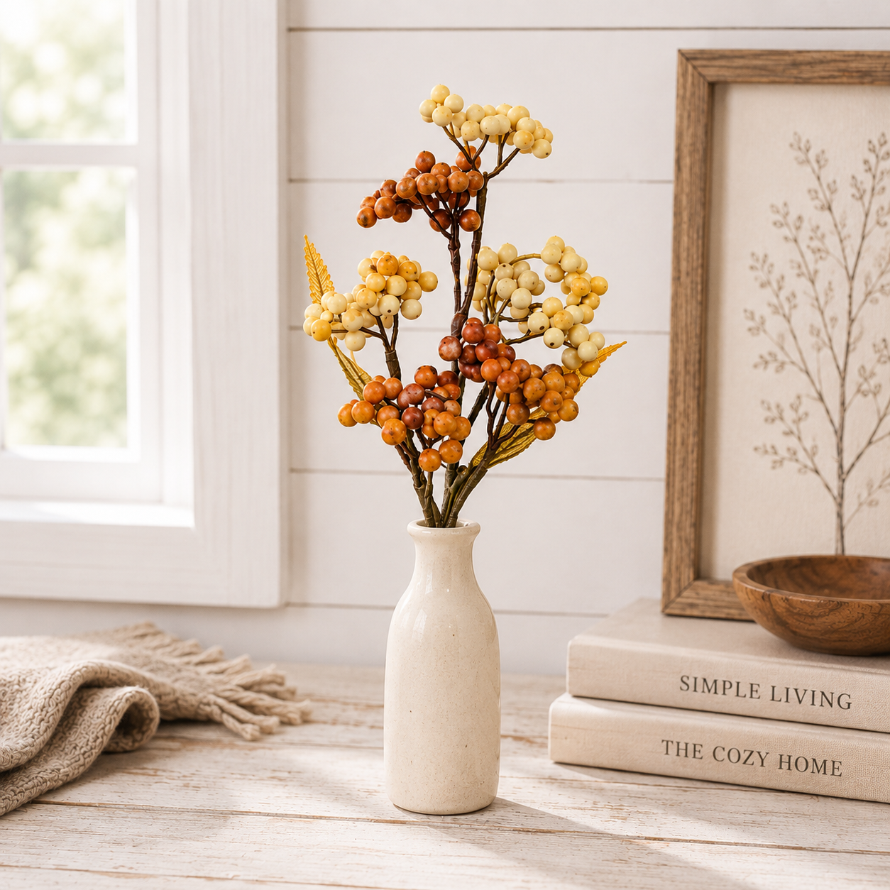 A small cream ceramic vase holding dried orange and cream berry stems, styled on a rustic wooden table with a book, a wood bowl, and a window in the background.