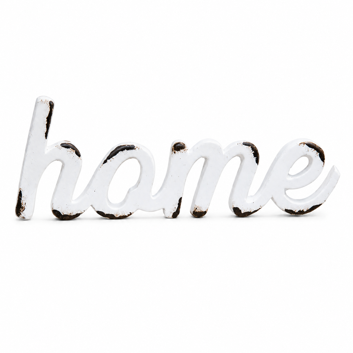 Freestanding white HOME resin word accent with weathered finish for rustic cottage decor, housewarming gifts, shelves, and decorative displays