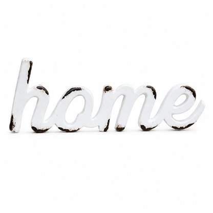 Freestanding white HOME resin word accent with weathered finish for rustic cottage decor, housewarming gifts, shelves, and decorative displays