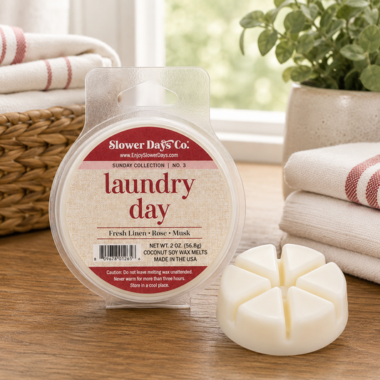 A round package of Slower Days Co. 'laundry day' soy wax melts stands on a wooden surface next to a small white wax melt piece with scored sections.
