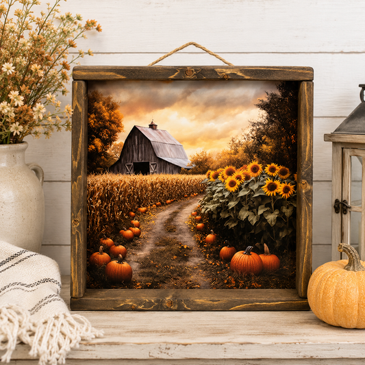 A rustic framed autumn landscape print hangs on a white wood wall. The artwork shows a barn, a pumpkin patch, sunflowers, and a golden sunset.