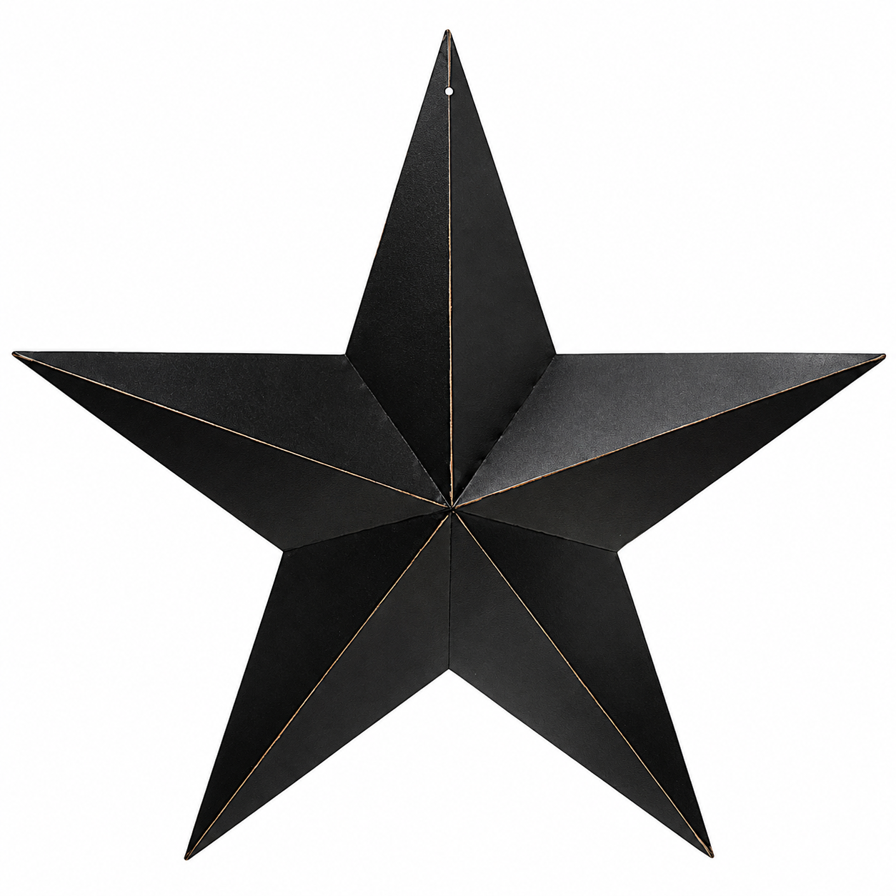A black metal five-point star wall hanging with a rustic distressed finish and thin gold-toned edge lines, shown against a plain white background.