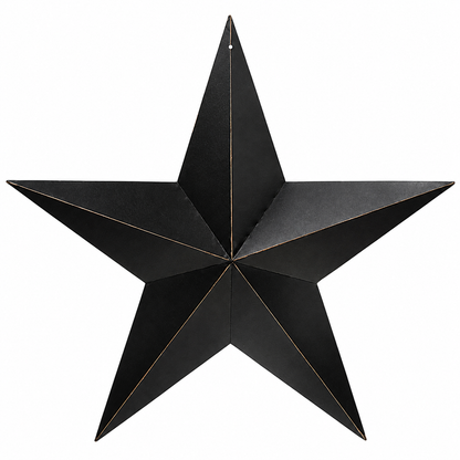 A black metal five-point star wall hanging with a rustic distressed finish and thin gold-toned edge lines, shown against a plain white background.