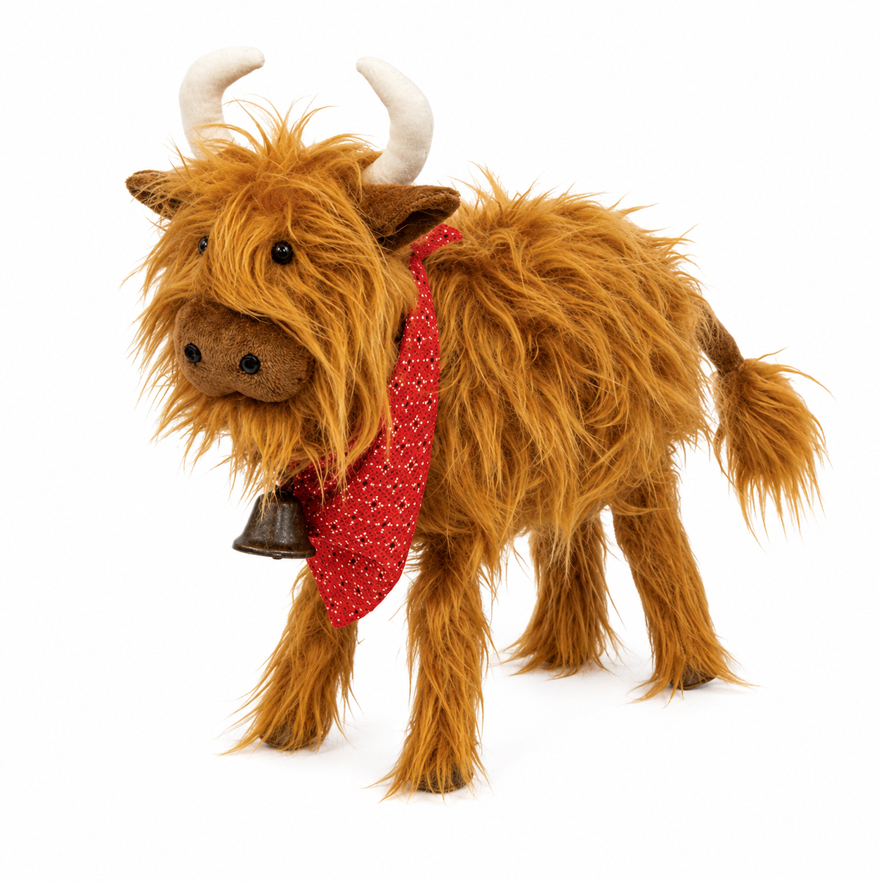 Fluffy Highland Cow with Bandana & Bell Decor 13"