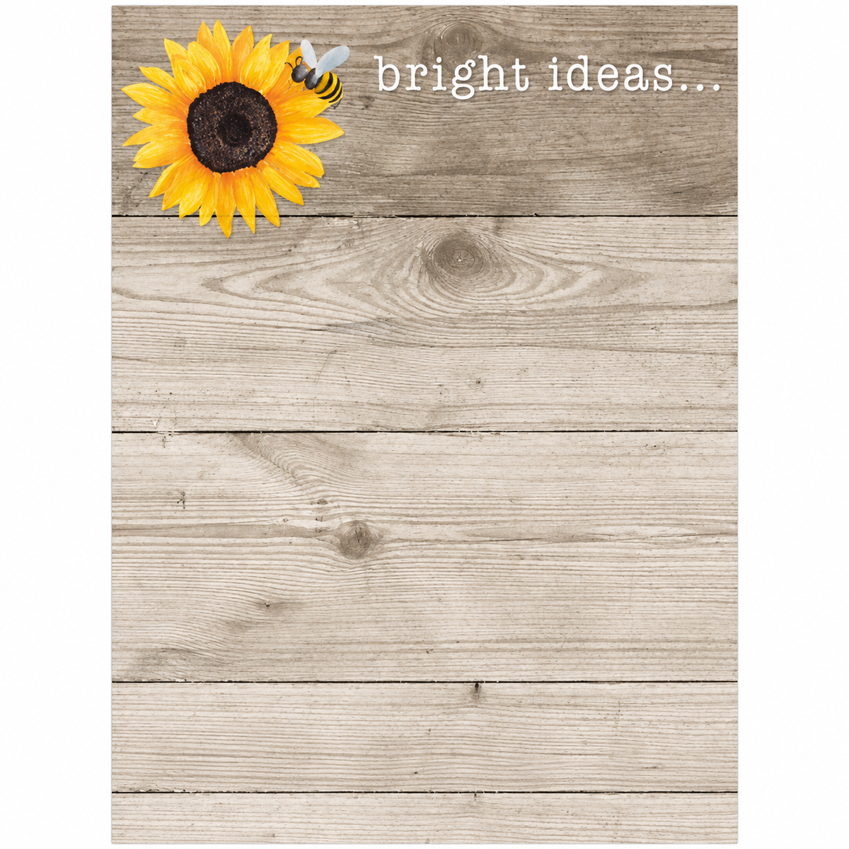 A rustic wood plank photography backdrop with a yellow sunflower, a small bee, and the text 'bright ideas.