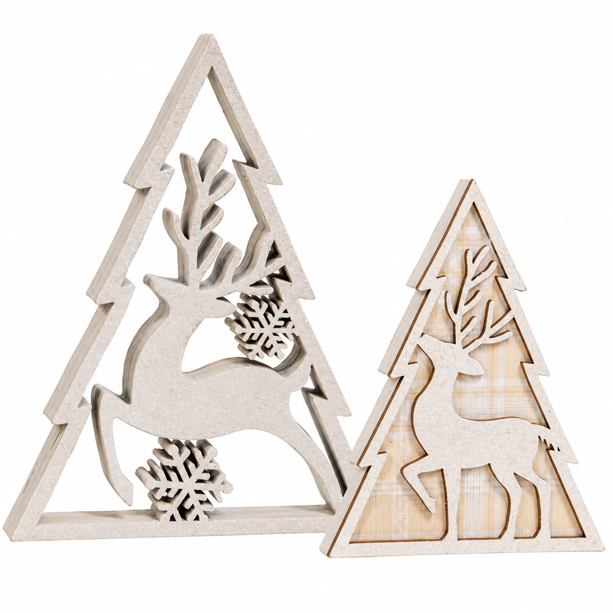 Two triangular wooden Christmas tree ornaments with deer cutouts, shown on a plain white background. One ornament is unfinished light wood, and the other has a plaid patterned insert.
