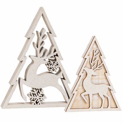 Two triangular wooden Christmas tree ornaments with deer cutouts, shown on a plain white background. One ornament is unfinished light wood, and the other has a plaid patterned insert.