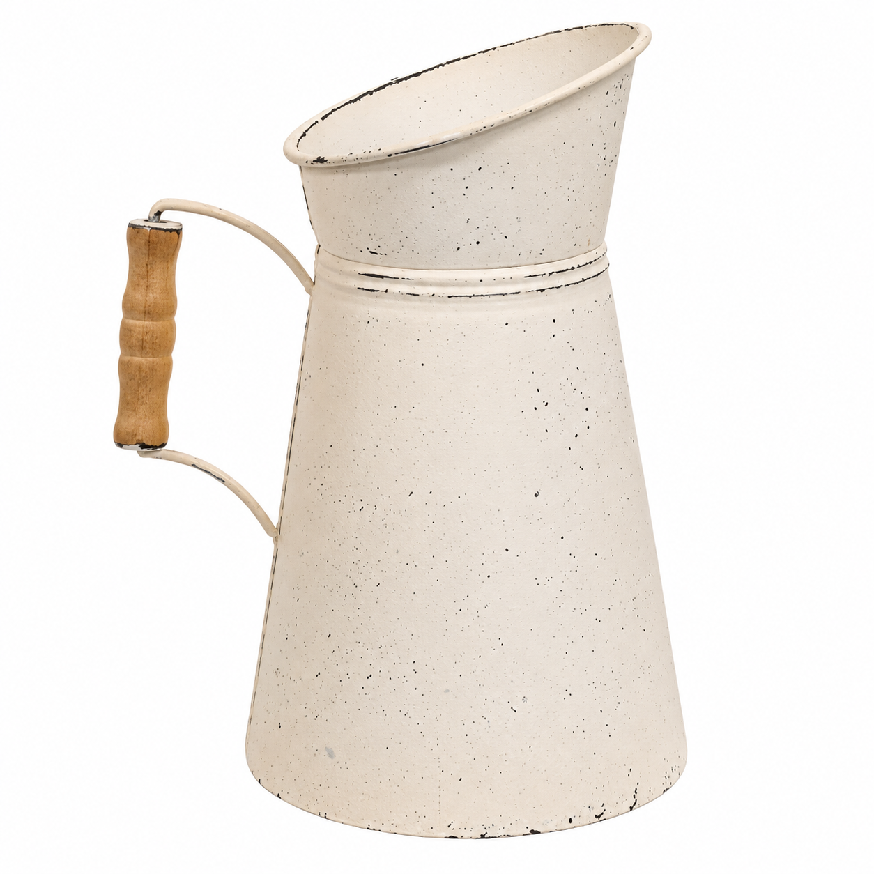 A vintage-style metal pitcher with a distressed cream finish, speckled texture, and a curved wooden handle, isolated on a white background.