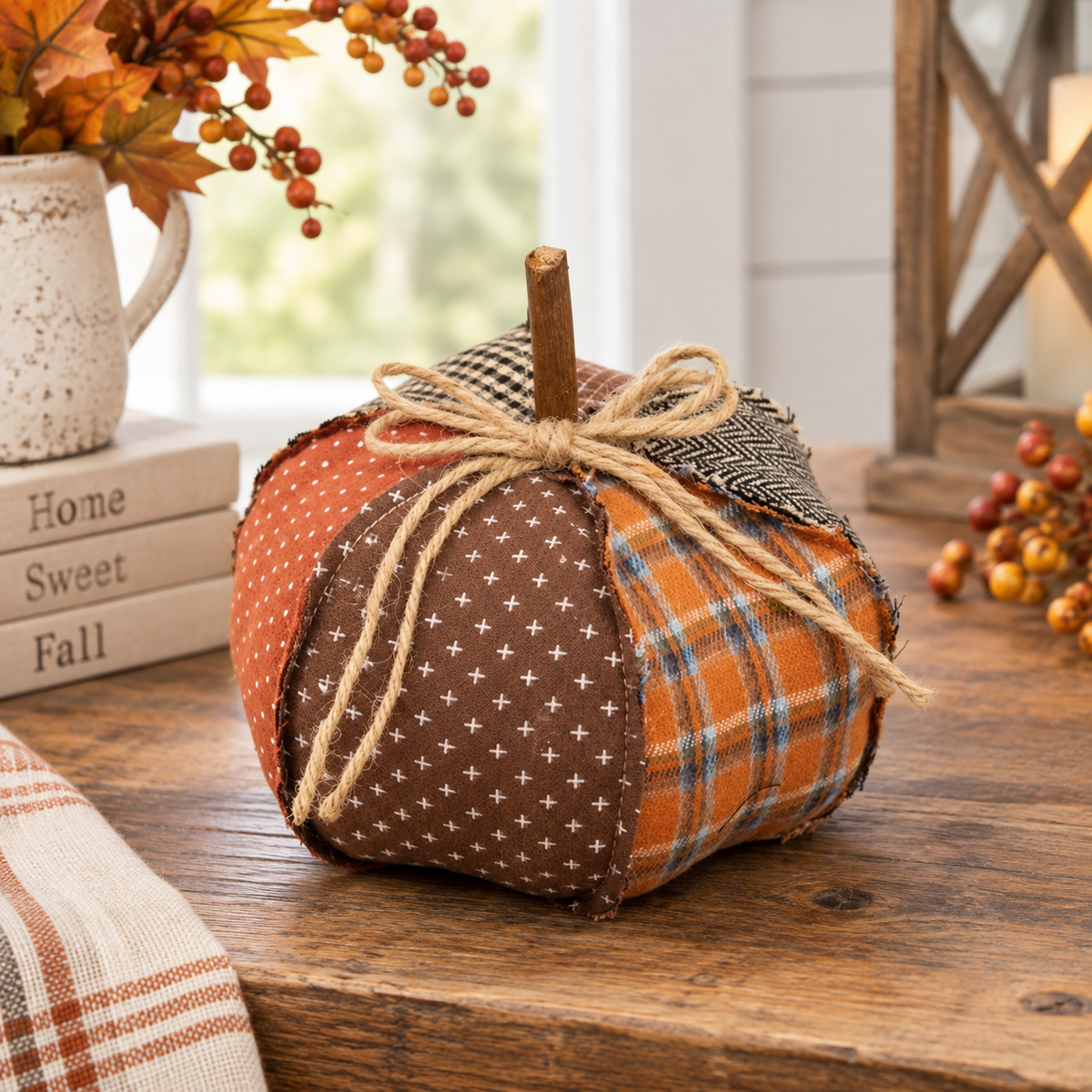 A decorative fabric pumpkin sits on a rustic wooden table. The pumpkin is made of multiple patchwork fabric panels in orange, brown, and beige, tied with a jute twine bow.