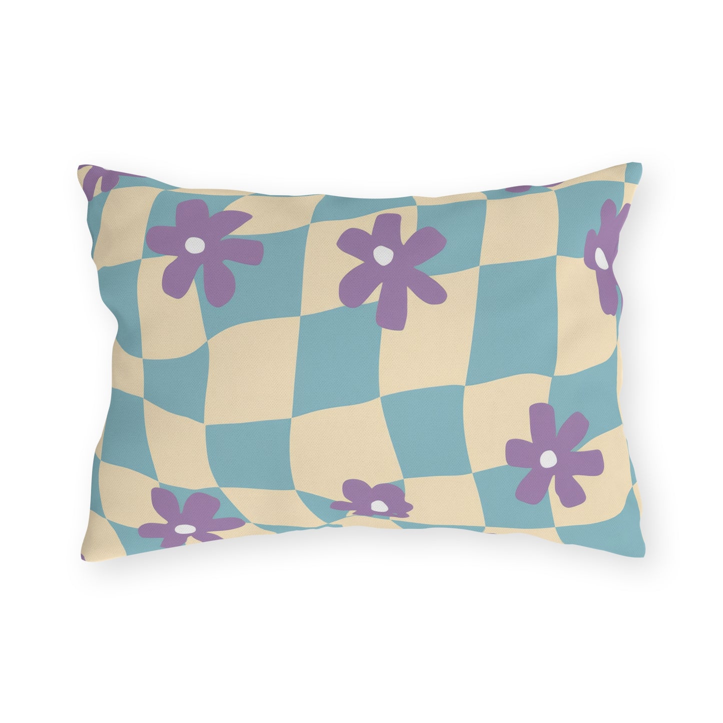 Durable water-resistant cushion featuring tan, aqua, and purple prints