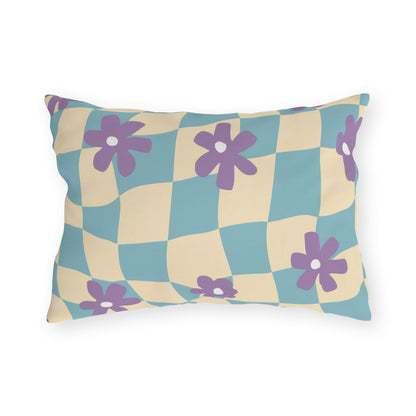 Durable water-resistant cushion featuring tan, aqua, and purple prints