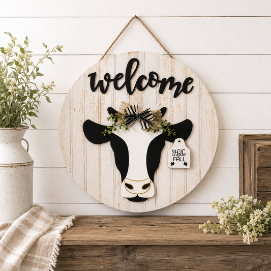 Round wooden farmhouse welcome sign featuring a black and white cow with interchangeable seasonal ear tag displayed on a shiplap wall with rustic home décor