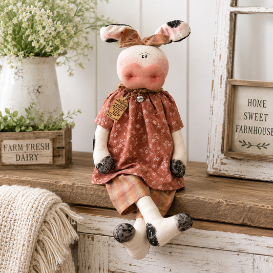 Primitive plush cow shelf sitter with dangling legs, floral shirt, plaid shorts, gingham scarf, and weighted bottom for farmhouse decor