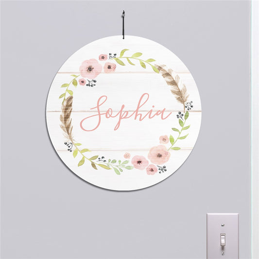 Personalized round floral wall sign with name, custom girls room decor