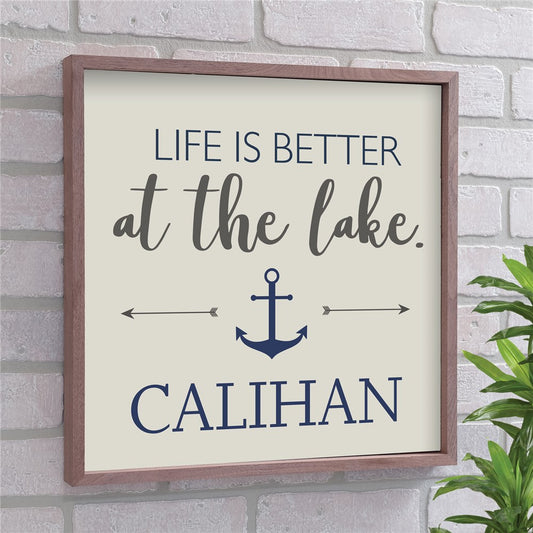 Personalized Life Is Better At The Lake Wood Pallet Sign with custom name engraving. Rustic wood frame with a durable PVC insert, designed for lake house or cabin decor.