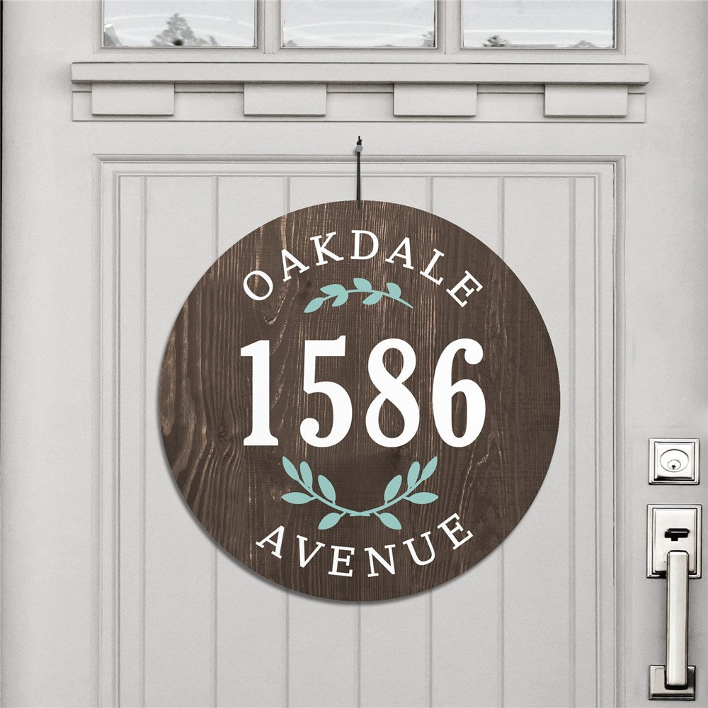 Round floral address house sign with custom text, printed design, and hanging cord