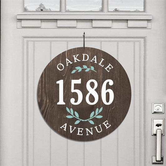 Round floral address house sign with custom text, printed design, and hanging cord