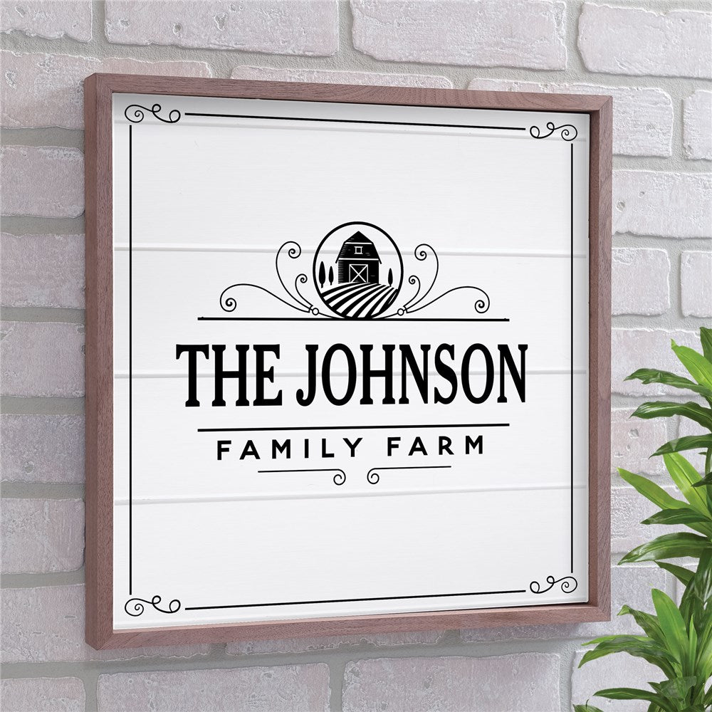 Personalized Family Farm Wall Sign with rustic wood-look finish. Custom PVC pallet sign measuring 16x16 inches, featuring a family name personalization. Farmhouse-inspired home decor, perfect for housewarming or anniversary gifts.