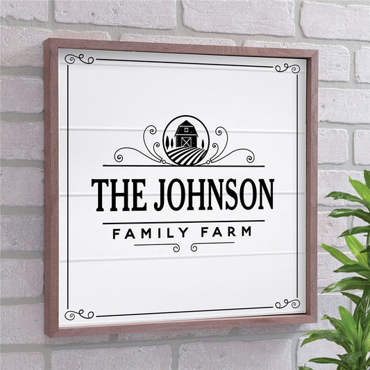 Personalized Family Farm Wall Sign with rustic wood-look finish. Custom PVC pallet sign measuring 16x16 inches, featuring a family name personalization. Farmhouse-inspired home decor, perfect for housewarming or anniversary gifts.