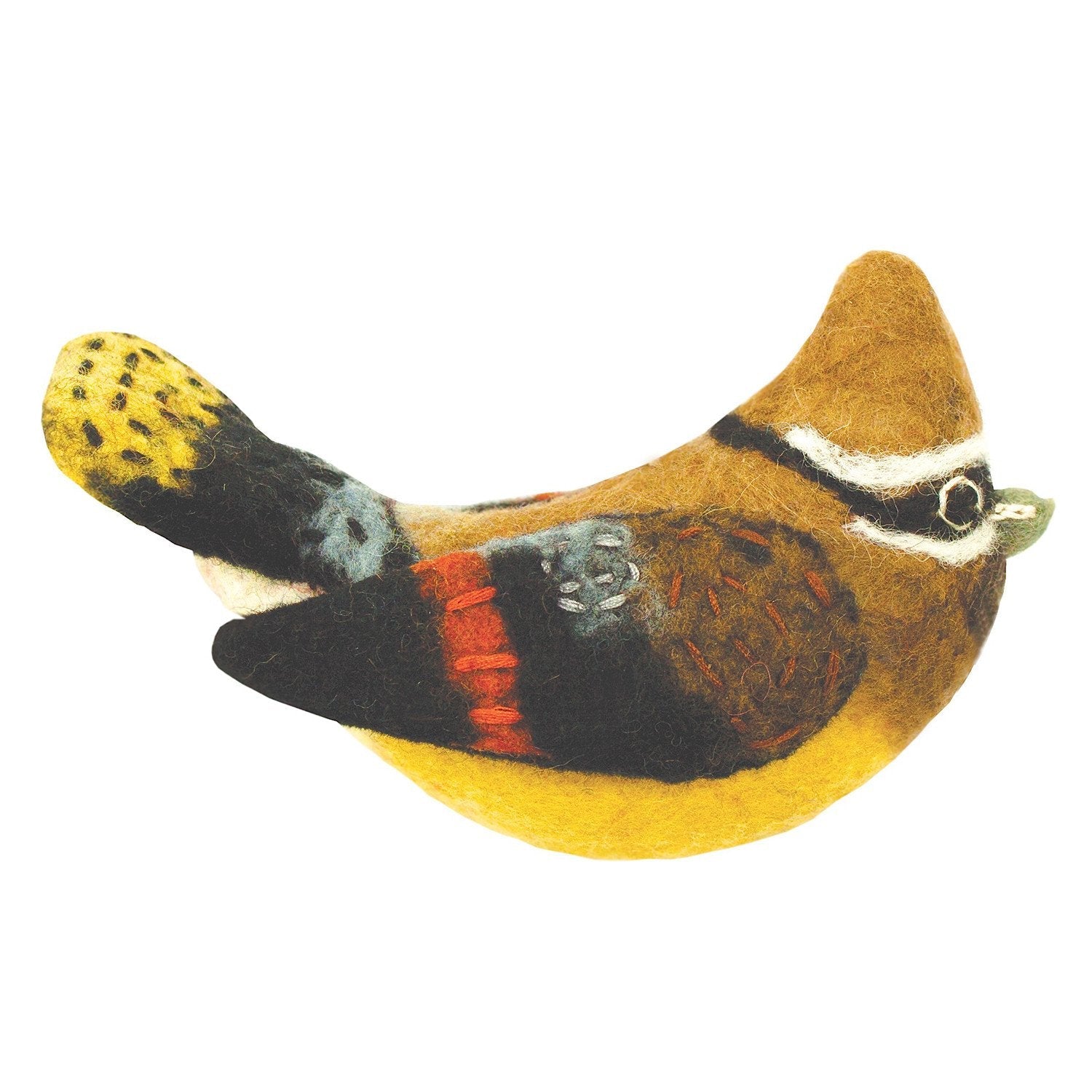 Hand-felted wool Cedar Waxwing ornament, handcrafted in Nepal, eco-friendly and Fair Trade, perfect for garden decor, birdwatchers, and nature lovers.