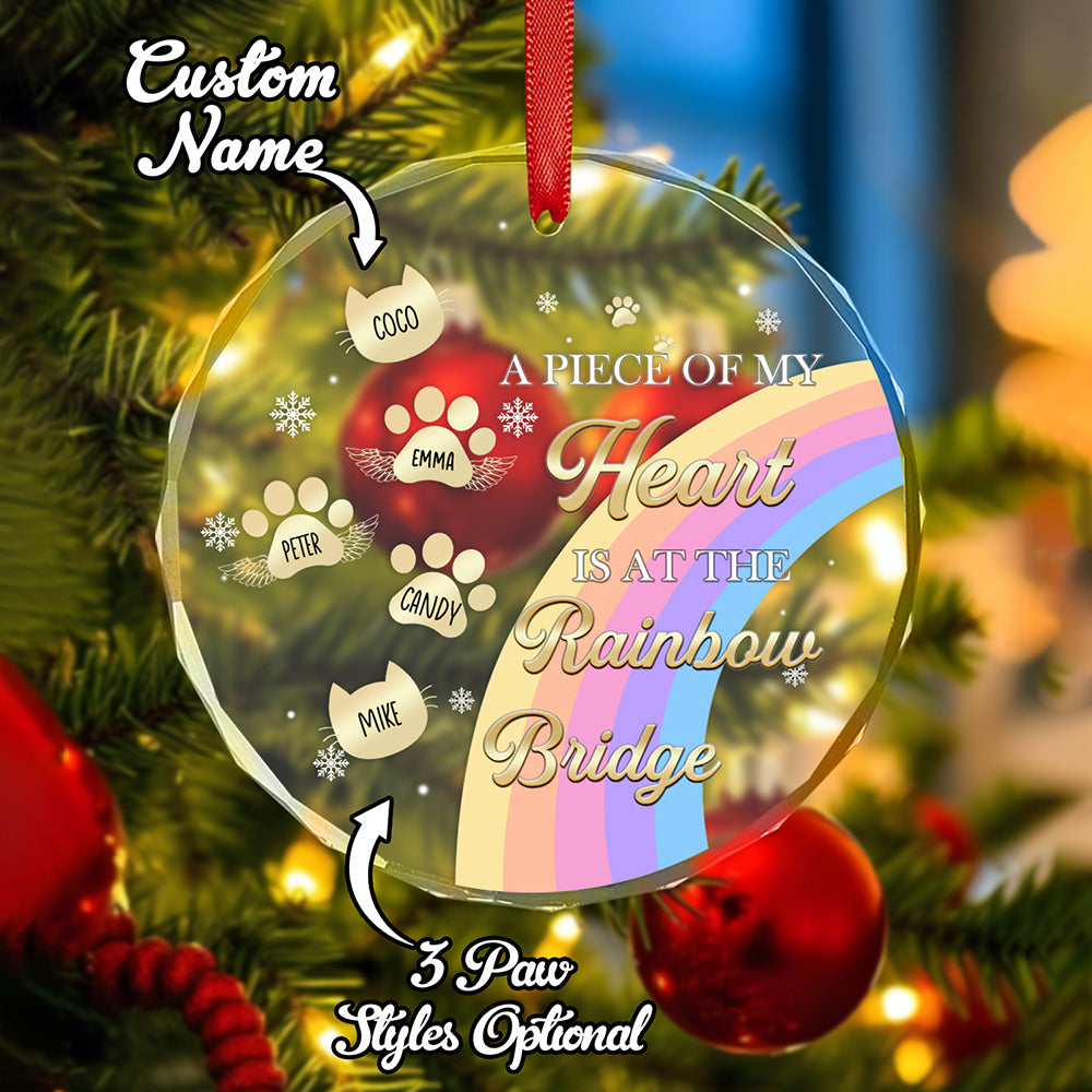 A front view of the Rainbow Bridge memorial ornament featuring a personalized pet name and a different paw print style, honoring a beloved companion.