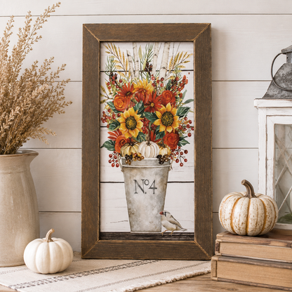 Fall framed print featuring a distressed metal bucket filled with sunflowers, red berries, mini pumpkins and autumn branches with a sparrow perched beside it.