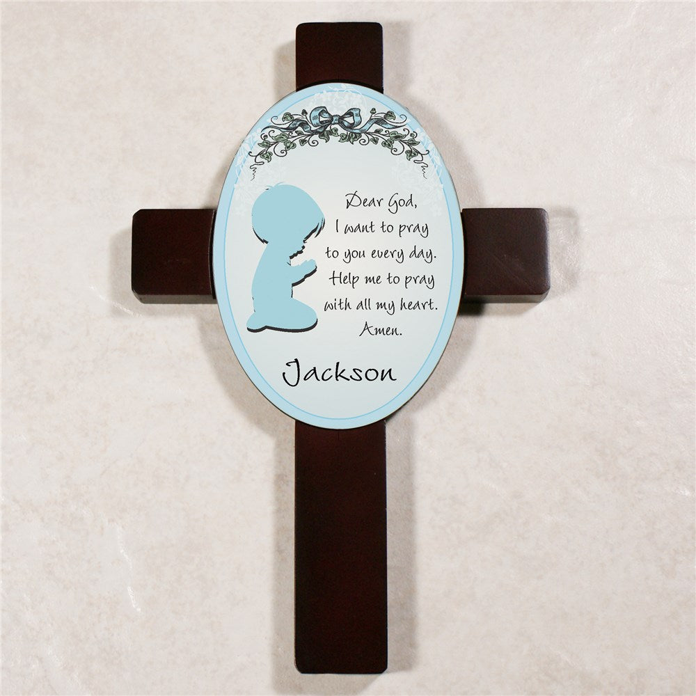 Personalized blue prayer cross for boys with engraved name – wall-mounted baptism keepsake