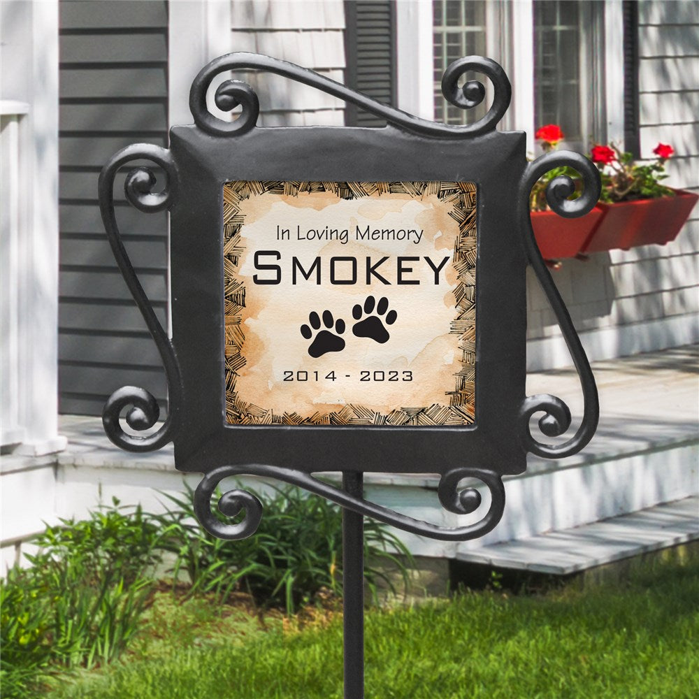 Wrought iron pet memorial garden stake with custom printed tile and name