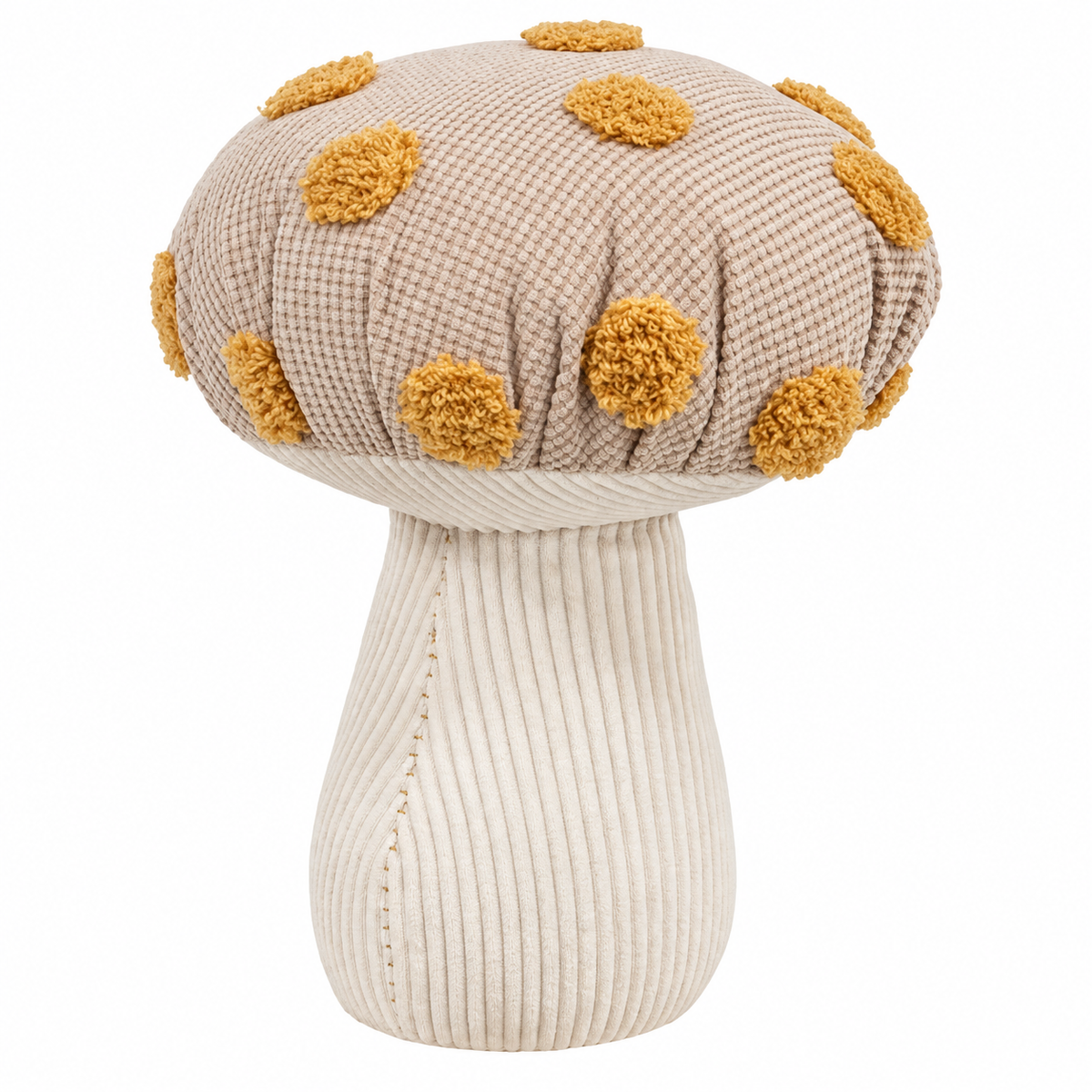 A mushroom-shaped decorative pouf or stool with a textured beige and white checkered cap, accented with mustard yellow pom-pom details, and a ribbed off-white corduroy stem, shown on a plain white background.
