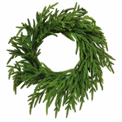 A green pine wreath with dense, realistic needles, photographed against a solid white background.