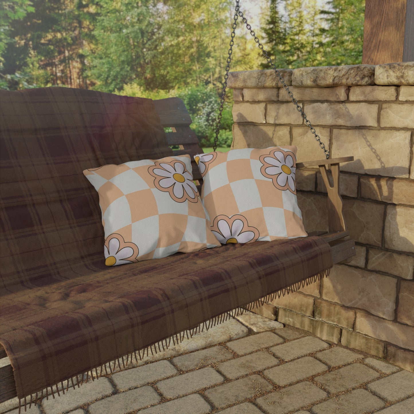 UV-resistant pillow with soft fill styled with outdoor decor