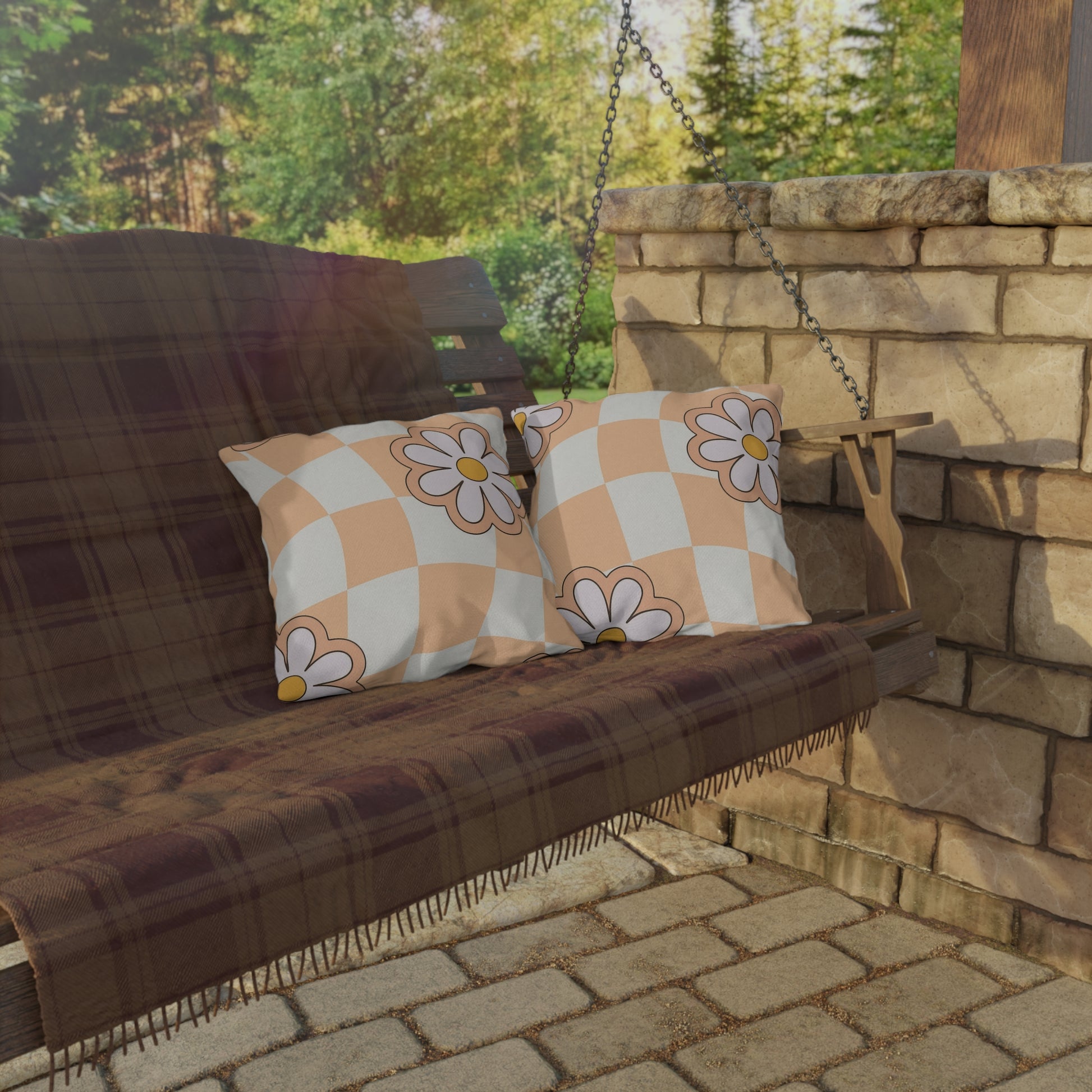 UV-resistant pillow with soft fill styled with outdoor decor