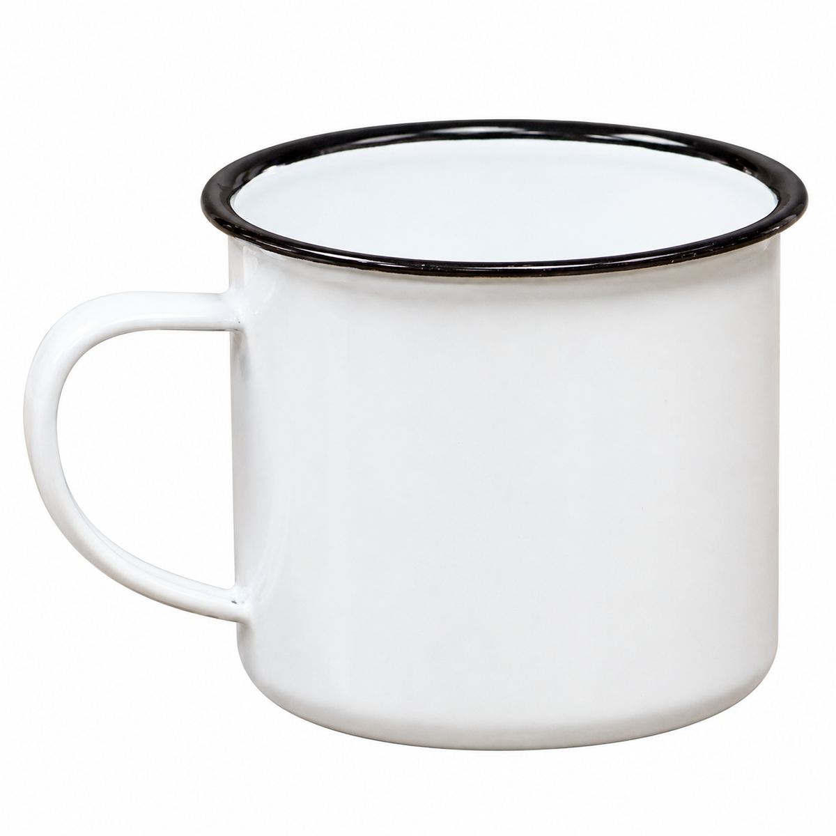 A classic white enamel camp mug with a black rim and a curved handle, shown against a plain white background.