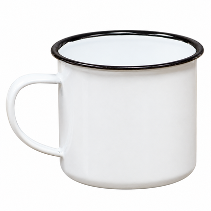 A classic white enamel camp mug with a black rim and a curved handle, shown against a plain white background.