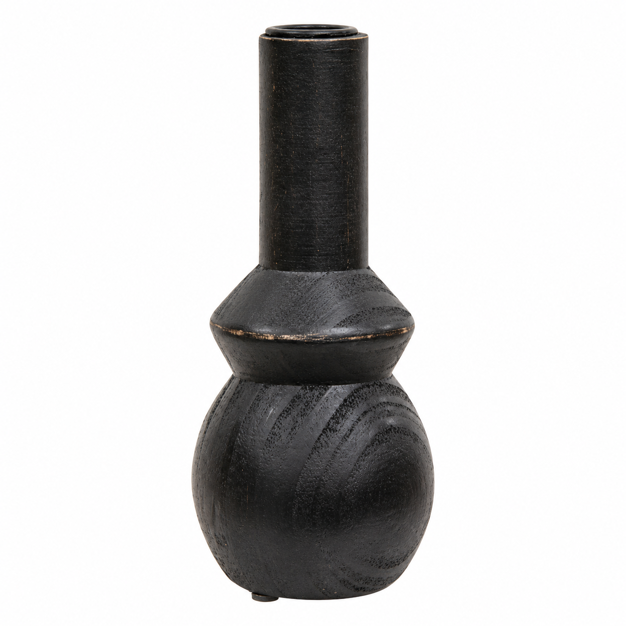 A black ceramic vase with a textured finish, featuring a cylindrical neck and a rounded, bulbous base, shown against a plain white background.