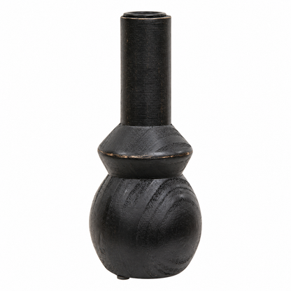 A black ceramic vase with a textured finish, featuring a cylindrical neck and a rounded, bulbous base, shown against a plain white background.